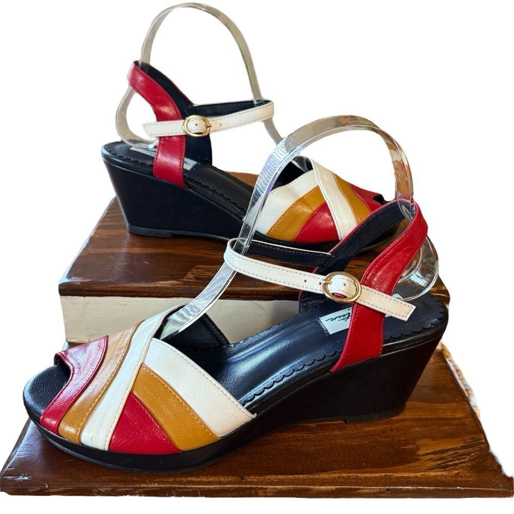Lulu Hun London Tan Red White Blue Vegan Leather Tonya Peep Toe Wedge Sandals 6